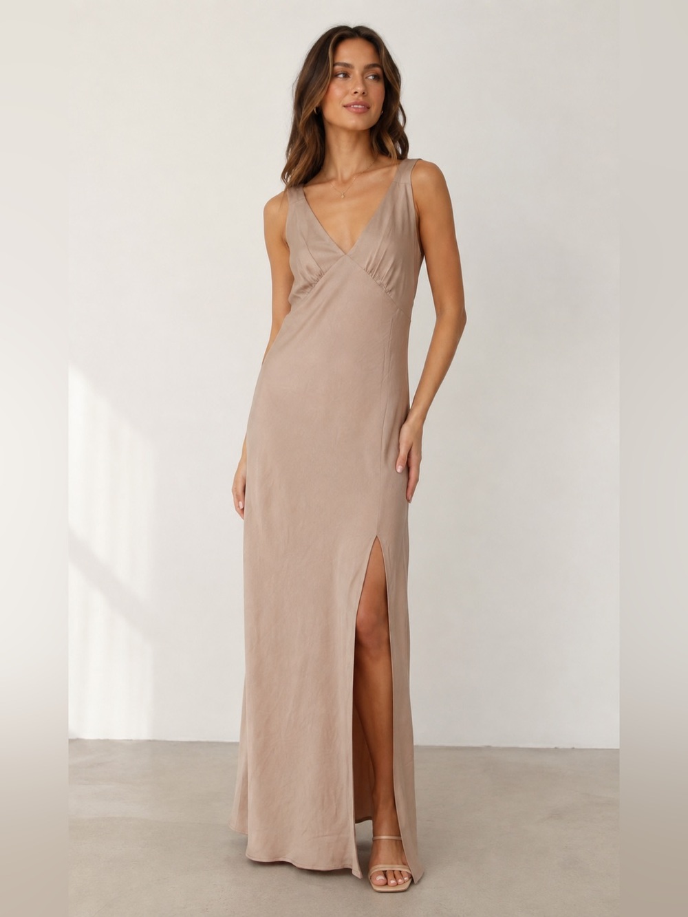 Park & Fifth Champagne Satin Maxi Dress Leg Slit Low Back V Neckline Sleeveless